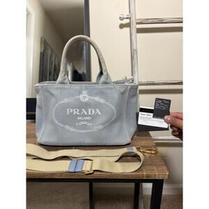 Prada Canapa Light Blue Canvas Hand Tote Bag W Strap/Card